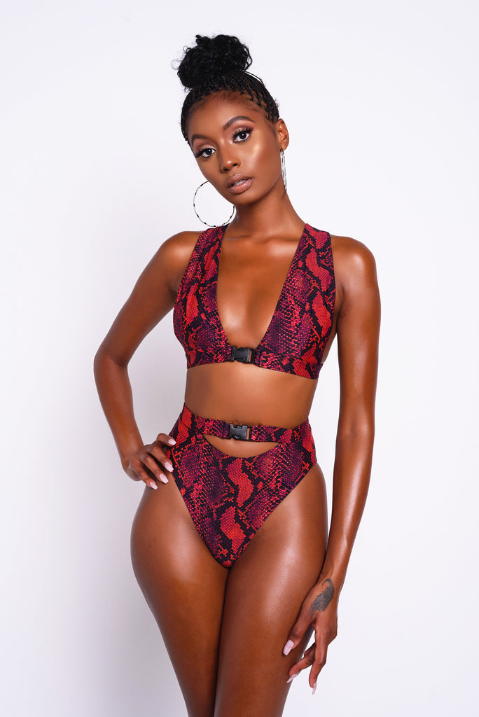 Red Python Snap Bikini Top
