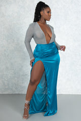 Teal High Slit Ruched Skirt