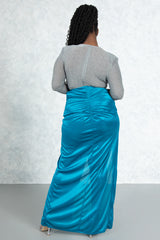 Teal High Slit Ruched Skirt