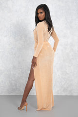 Nude Ruched High Slit Skirt