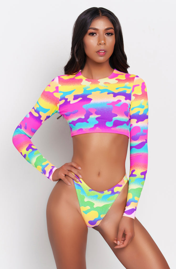Rainbow Camo Long Sleeve Bikini Top