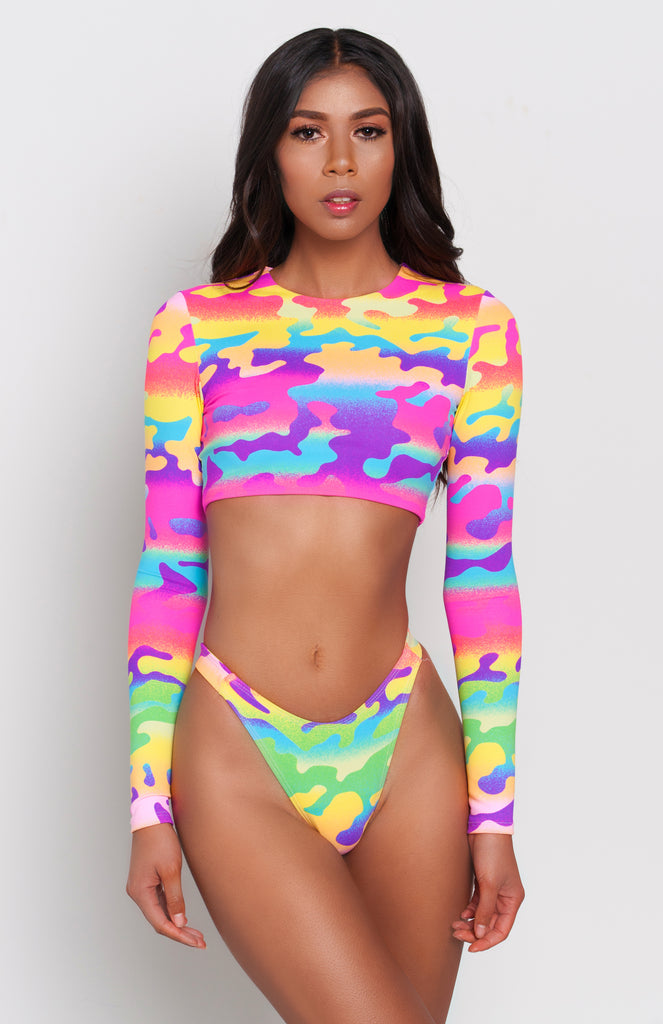 Rainbow Camo Long Sleeve Bikini Top