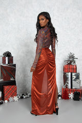Rust High Slit Ruched Skirt