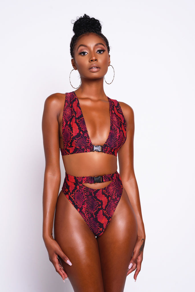 Red Python Snap Bikini Top